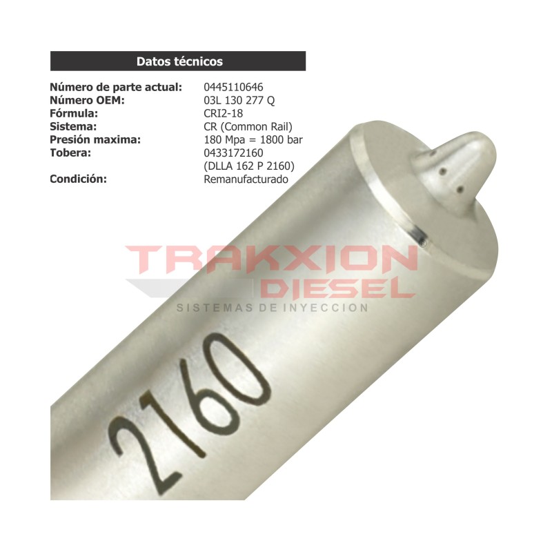 Inyector Diesel Reman para 2.0 TDI, Amarok, Crafter Biturbo, Jetta VW y Q3, Q5 Audi, 0445110369 0445110646 0445110647 03L130277Q