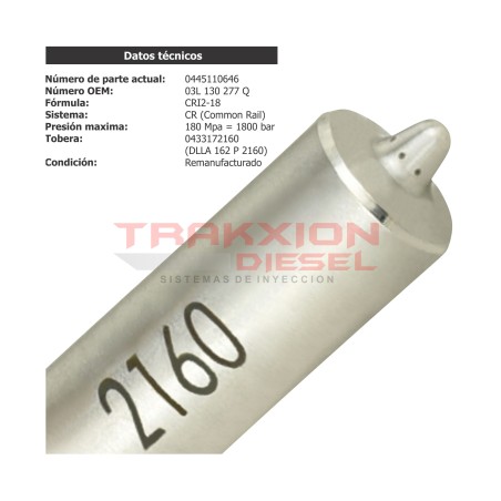 Inyector Diesel Reman para 2.0 TDI, Amarok, Crafter Biturbo, Jetta VW y Q3, Q5 Audi, 0445110369 0445110646 0445110647 03L130277Q