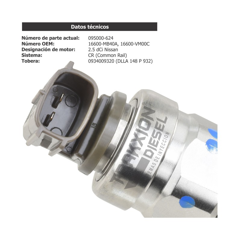 Inyector Diesel Reman 095000-624, 095000-6240, DCRI106240, 16600-VM00A, 16600-VM00D, 16600-MB400 para NP300, Cabstar, Nissan