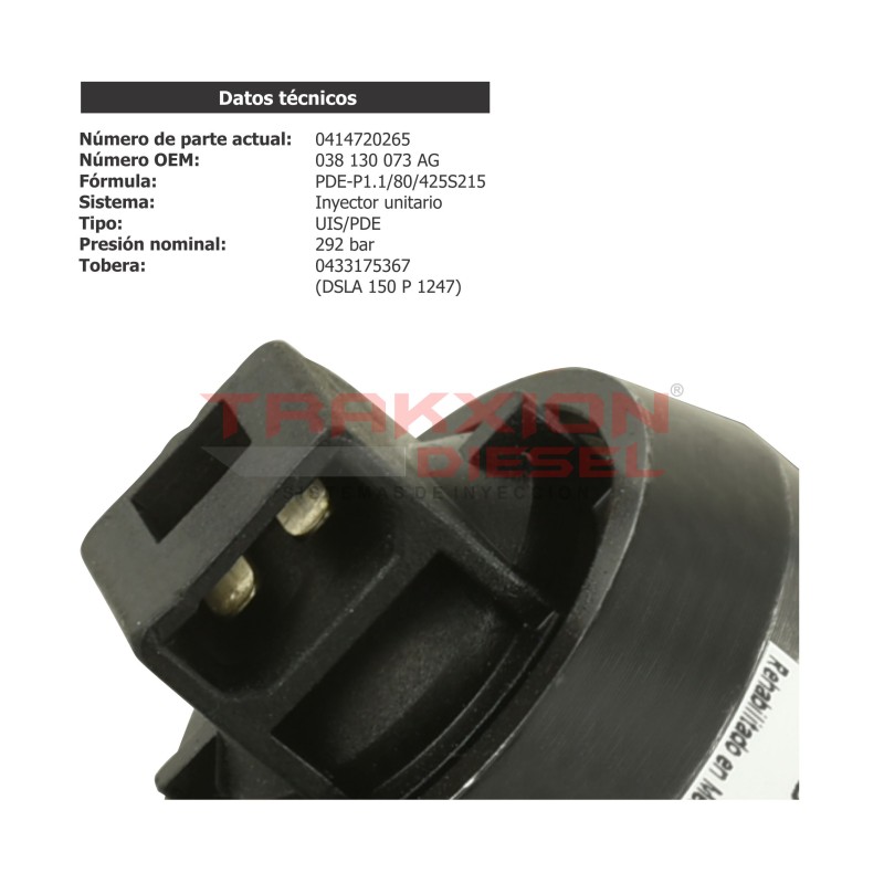 Inyector Diesel Reman UIS Bosch 0414720215, 0414720265, 038130073AG para 1.9 TDI Eurovan Volkswagen