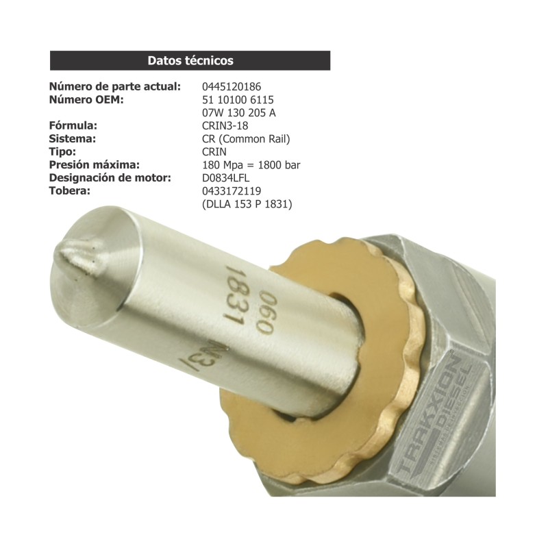 Inyector Diesel 0445120186, 51101006115, 51101009115, 07W130205A para TGL, TGM, Constellation, Volksbus, D0834, D0836, MAN y VW