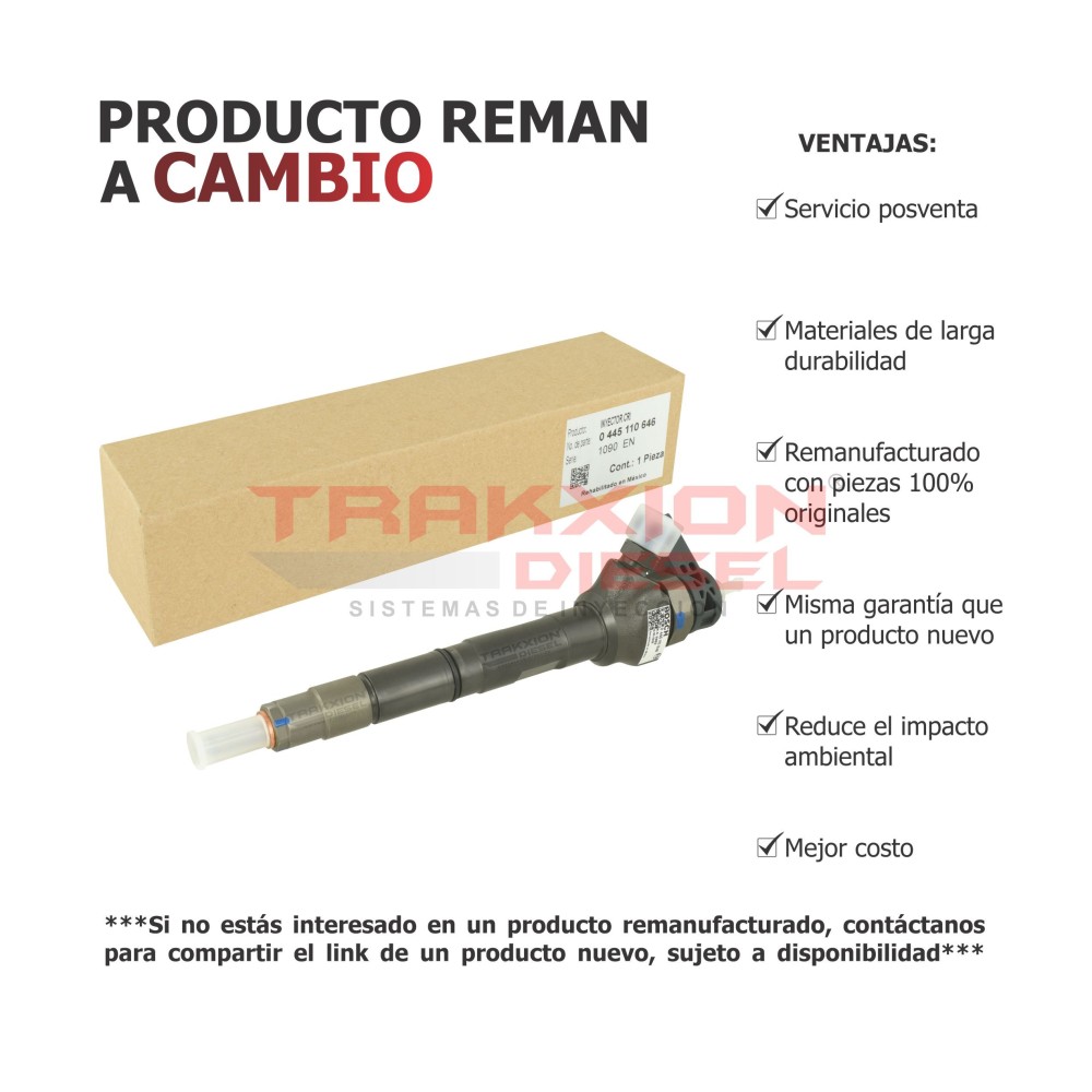 Inyector Diesel Reman para 2.0 TDI, Amarok, Crafter Biturbo, Jetta VW y Q3, Q5 Audi, 0445110369 0445110646 0445110647 03L130277Q