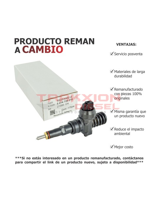 Inyector Diesel Reman UIS Bosch 0414720215, 0414720265, 038130073AG para 1.9 TDI Eurovan Volkswagen