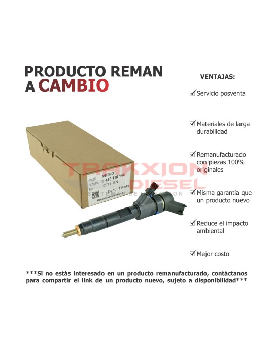 Inyector Diesel Reman 0445110146, 7700116046, 8200212715, 8200238528, 8201408754 para Trafic II 1.9 dCi, Renault 2001-2014 Inyector Diesel Reman 0445110146, 7700116046, 8200212715, 8200238528, 8201408754 para Trafic II 1.9 dCi, Renault 2001-2014