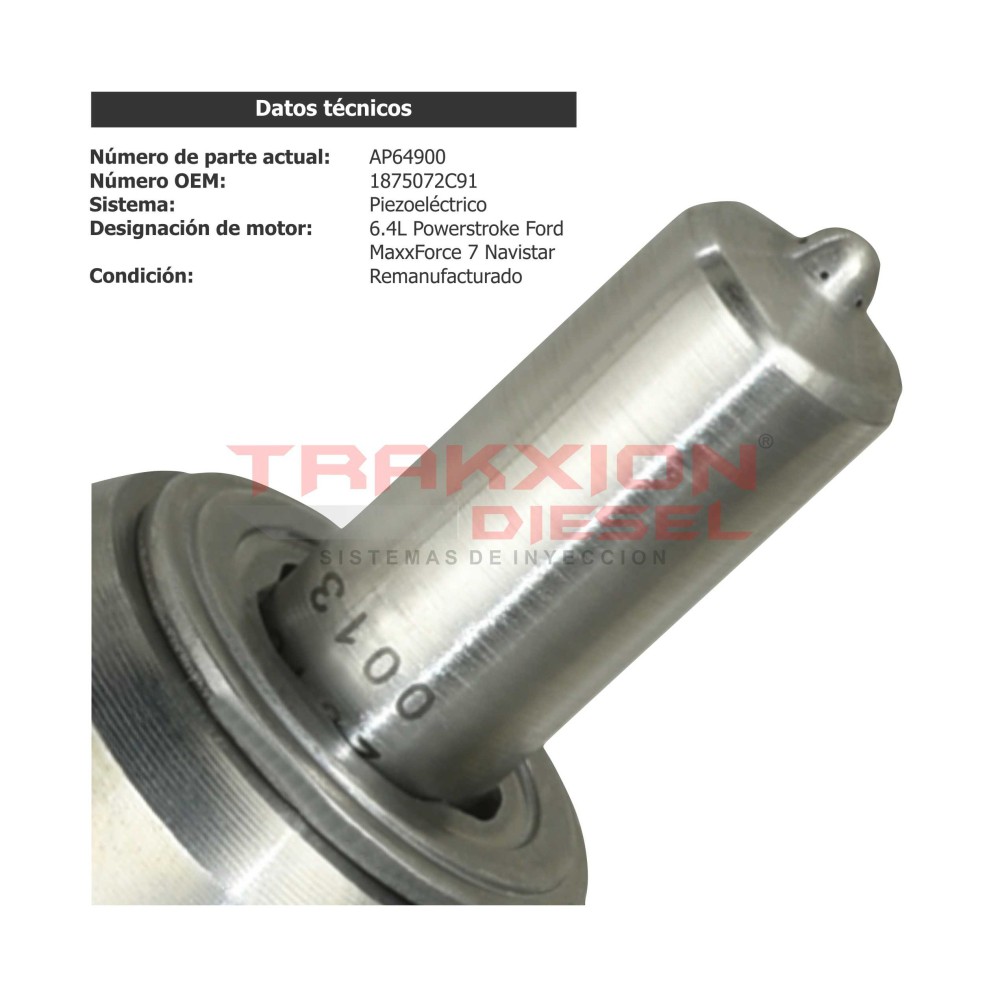 Inyector Diesel Reman AP64900, 1875072C91 para 6.4L PowerStroke, V8 Super Duty, F-250, F-350, F-450, F-550, Ford, 2008-2010