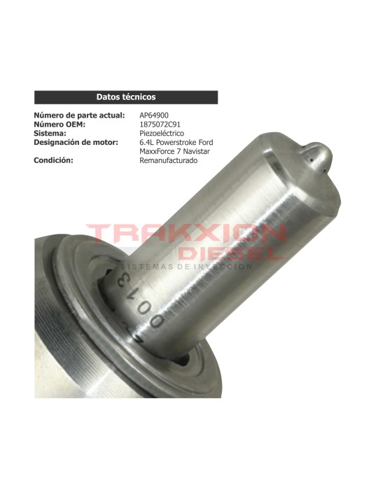 Inyector Diesel Reman AP64900, 1875072C91 para 6.4L PowerStroke, V8 Super Duty, F-250, F-350, F-450, F-550, Ford, 2008-2010