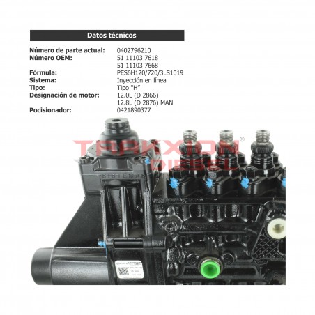 Bomba lineal de inyección Diesel H Bosch para Autobus MAN D28 51111037618, 51111037668, 51.11103.7618, 51.11103-7668, 0402796210