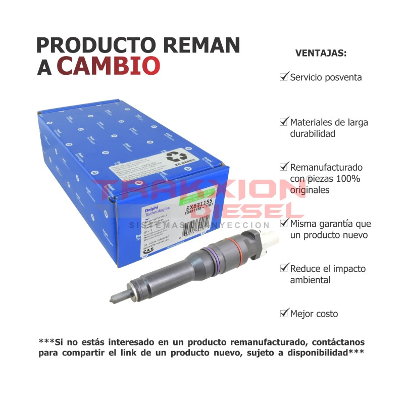 Inyector Smart F2P Diesel Reman EX631155 Delphi para Paccar MX13, 2022949, 2047600, 2047600PEX, 2411620, 2411620PEX, BEBJ1D04001