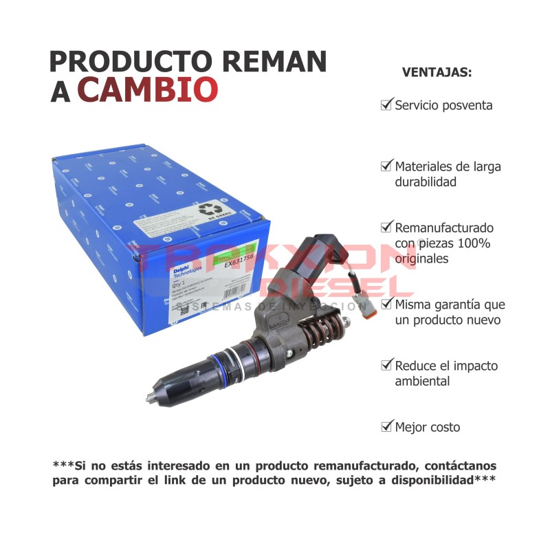 Inyector Diesel Reman EX631756 Delphi para M11, ISM, Celect Cummins, 3411756, 3609922, 3411756RX