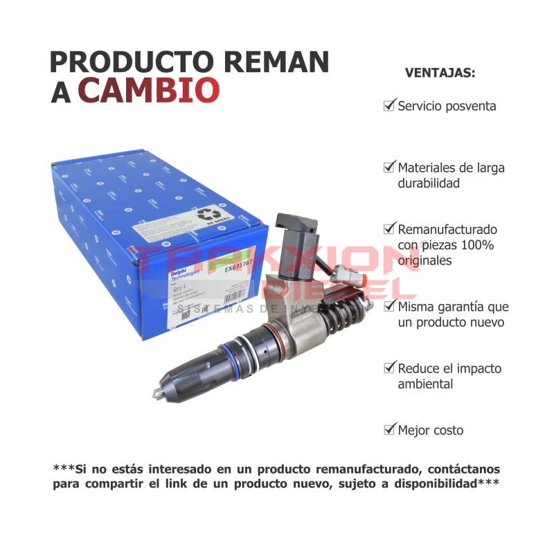 Inyector Diesel Reman EX631767 Delphi para N14 Celect Cummins 3411385, 3411767, 3411767RX, 3411767PX